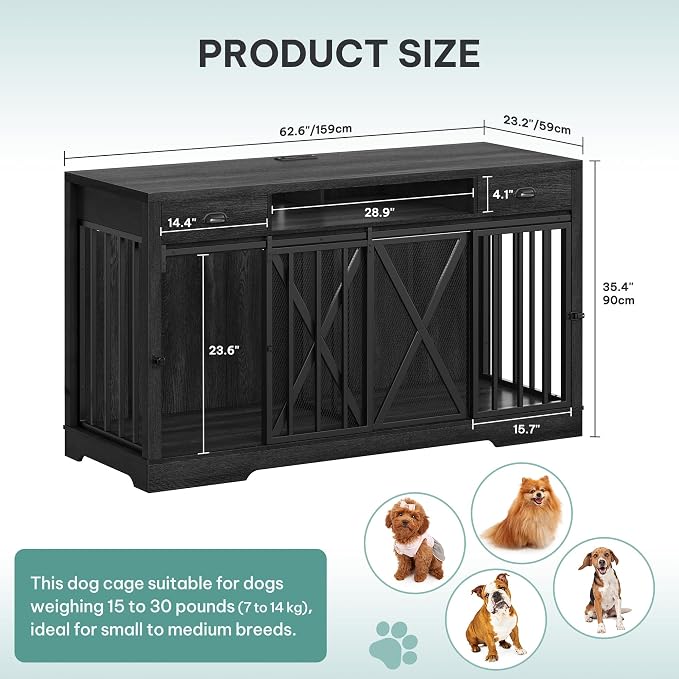 YITAHOME 63" Double Dog Crate TV Stand with Power Outlet for 2 Dogs | Heavy Duty Wooden Cage, Dog Kennel Indoor Furniture Double Sliding Barn Door Design Ideal for 2 Dogs, Dark Grey