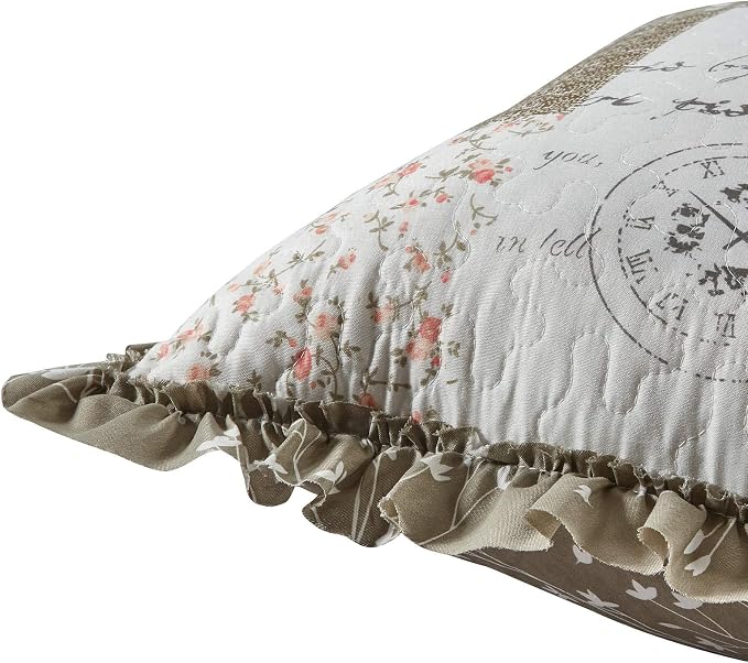 Brilliant Sunshine Pink Roses & Grey Toile Ruffle Pillowshams Set, 18"x18" | Patchwork Design with Ruffles, Quilted Pillow Covers, Washable Throw Cushion Cases for Couchs and Beds, Pack of 2