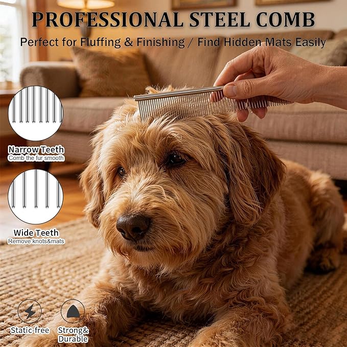 Large Slicker Brush for Dogs, 4-in-1 Extra Long Pins Dematting Dog Brush Grooming with Doodles Goldendoodles & Poodles, Deshedding Brush Set Cleaning Tool for Thick Double Coats,Black
