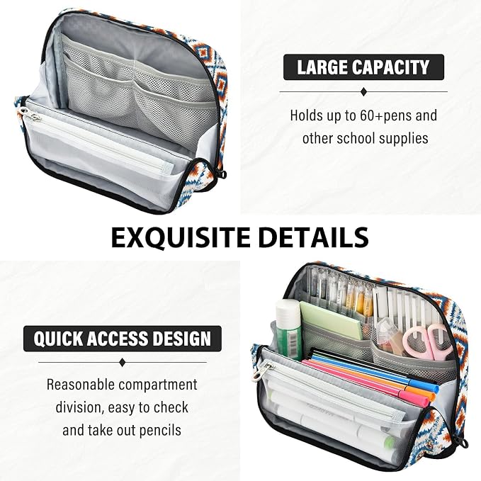 Aslsiy Large Capacity Pencil Case Native American Style (1) Pencil Pouch for Boys Girls Portable Pen Bag Organizer Standing Makeup Bag for School Office Supplies