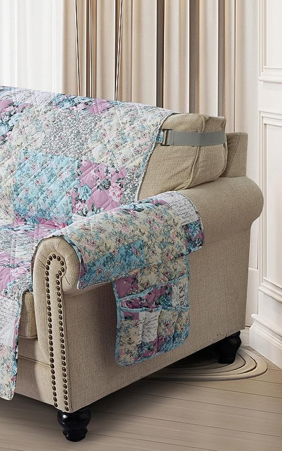 Brilliant Sunshine Lilac & Egg Blue Rose Couch Armrest Cover, 35"×13" | Washable Magazine Holder, Armrest Organizer & Caddy on Sofa, Recliner, Armchair, Storage for Remote Controls, Phone, iPad