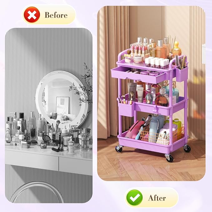 SUNALLY Makeup Cart Organizer with Drawer,3 Tier Rolling Makeup Cart,Purple | Rolling Vanity Storage for Skin Care Perfume Nail Polish, Floor Skincare Organizers Cosmetics Display Bathroom Storage Cart