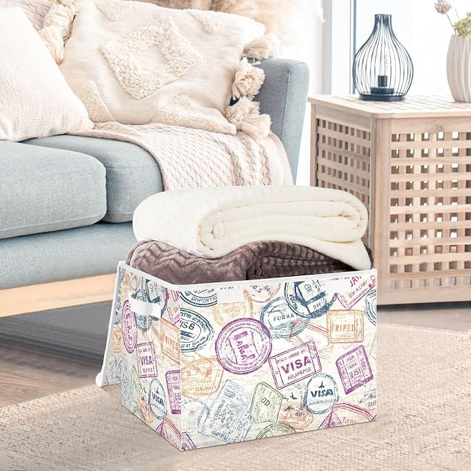 Passport Stamp Fabric Storage Bins with Lid Foldable Storage Boxes Baskets | Decorative Storage Boxes, Foldable & Stackable, Dust-Proof Flip Top, Reinforced Handles, For Home & Dorm, Clothes & Toy Box