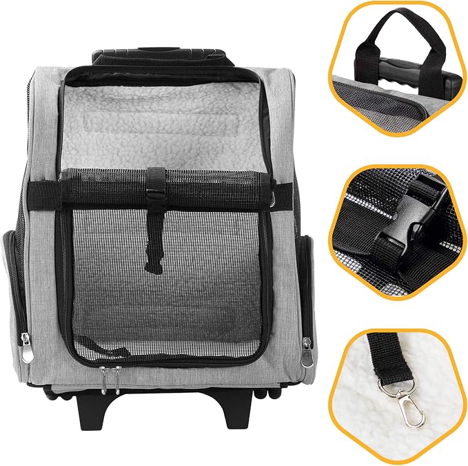 Deluxe Backpack Pet Travel Carrier with Double Wheels for Pets up to 18 Pounds - Grey