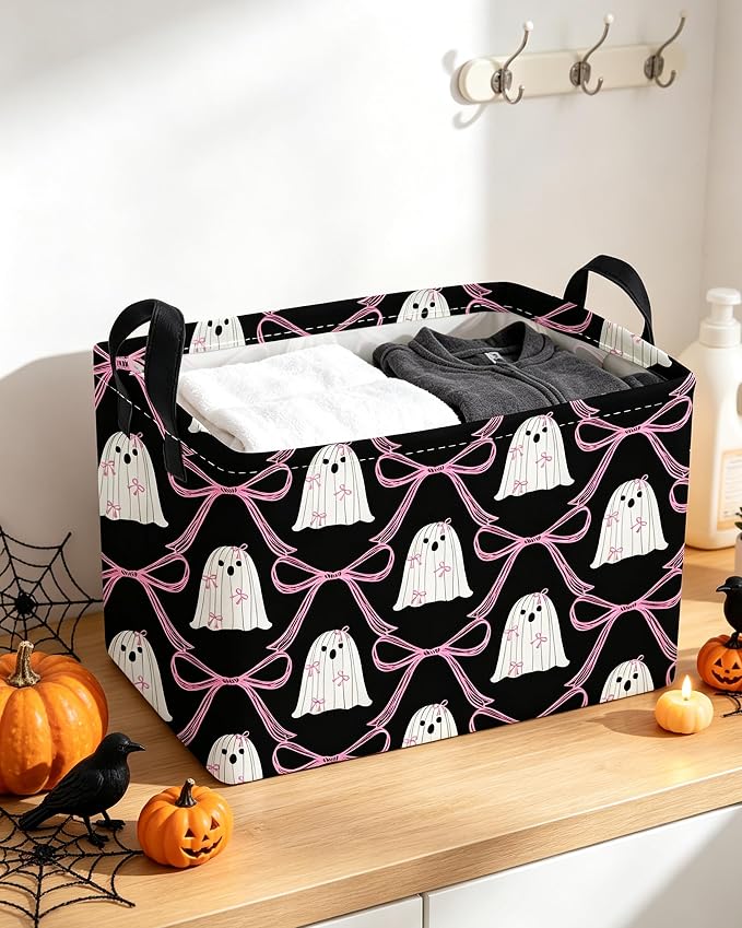 Essme Rectangular Halloween Basket,Ghost Storage Bins Organizer with Handles for Room Decor, Gift Basket,Shelf Basket.(Bow Ghost)