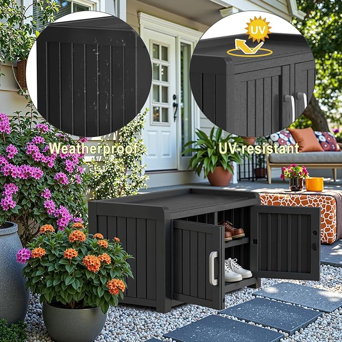 ROJIK Shoe Cabinet Storage Bench Indoor Outdoor, Waterproof UV-Resistant Resin Entryway Furniture with Adjustable Shelves for Hallway, Living Room and Bedroom (Double Door, Classic Black)