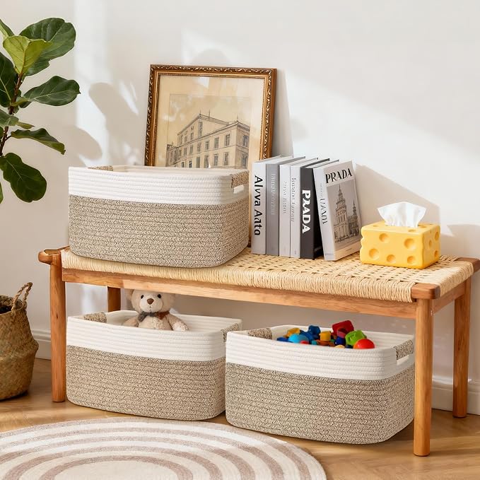 3 Pack Large Storage Basket for Organizing, 17.5"x13"x7" Woven Basket for Shelves, Closet Cube Storage Bins with Wrapped Handle, Cotton Rope Baskets for Kitchen, Clothes, Toys(Off White & Brown)