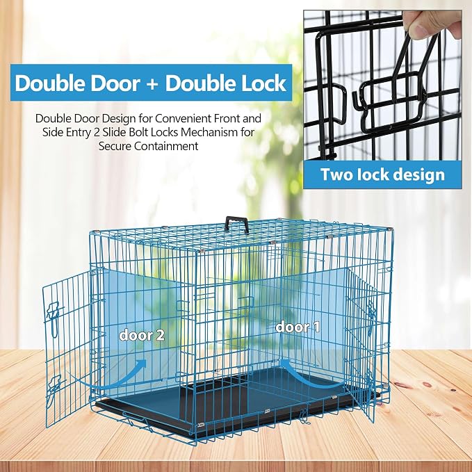 24 Inch Small Dog Crate, Heavy Duty Dog Crates for Small Dogs, Metal Wire Folding Dog Cage with Removable Trays, Locks, Double-Door, Divider Panel, Handle, Puppy Crate Pet Crate (24 in, Blue)