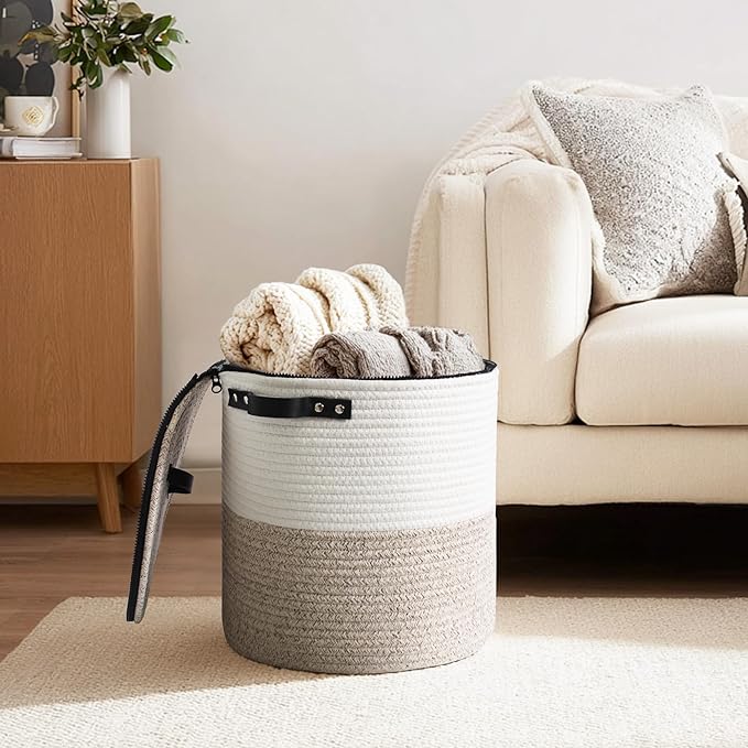 Storage Basket with Lid, 15"x13" Round Woven Blanket Storage for Living Room, Decorative Cotton Rope Hamper with Zipper Top, Wicker Basket with Lid, Floor Covered Kids Dog Toy Bin
