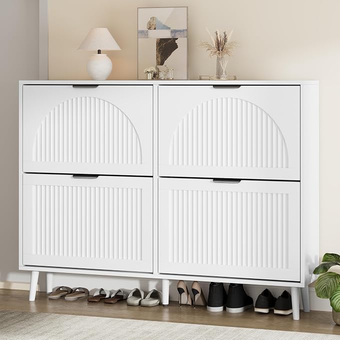 Shoe Storage Cabinet with 2 Flip Drawers, Narrow Wood Shoe Organizer Cabinet, Slim Freestanding Fluted Shoe Cabinet for Entryway, Living Room, Hallway (White, 4-Drawers)