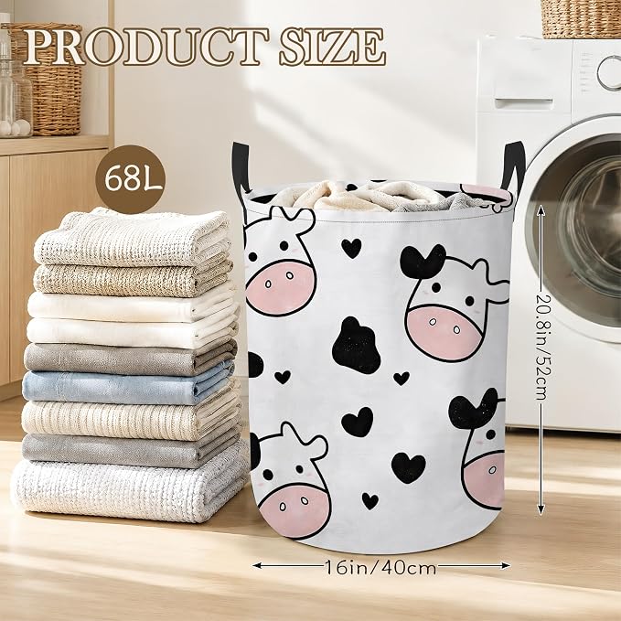 Cute Cow Laundry Hamper, Black Hearts Laundry Baskets, Waterproof Oxford Cloth for Room/Bathroom/Bedroom/Dormitories 16x20.8 Inch