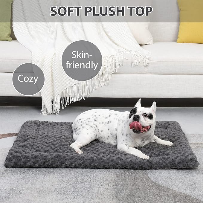 Exsnugy Washable Dog Bed Mat Medium Size Fluffy Pet Crate Pad 24x18 | Non-Slip Bottom Kennel Beds Ultra Soft Comfy Sleeping Mattress for Large Medium Small Dogs Gray
