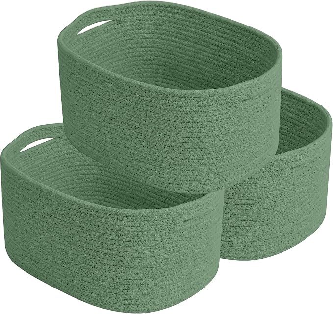 ECDYQXVU 15x10x9 Inch Woven Cotton Rope Storage Basket, 3 Pack | Foldable Design, Built-in Handles, Space-saving Organizer for Living Room, Bedroom, Laundry, Shelves, Clothes, Towels