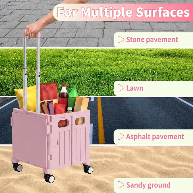 Foldable Shopping Cart with Wheels: Pink Rolling Utility Crate | Adjustable Handle, All-Terrain Wheels, Multipurpose Grocery Trolley for Teacher, Market, Office, Luggage, Laundry, Garden