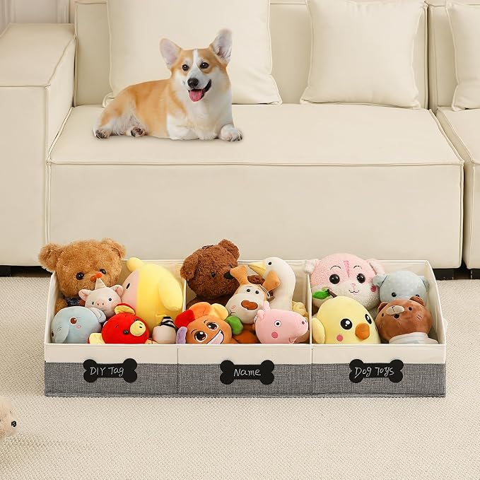 Qozary Large Dog Toy Basket with Diy Tag - Collapsible Dog Toy Bin, Fabric Personalized Dog Toy Box, Trapezoid Dog Toy Storage and Organizer for Pet Supplies