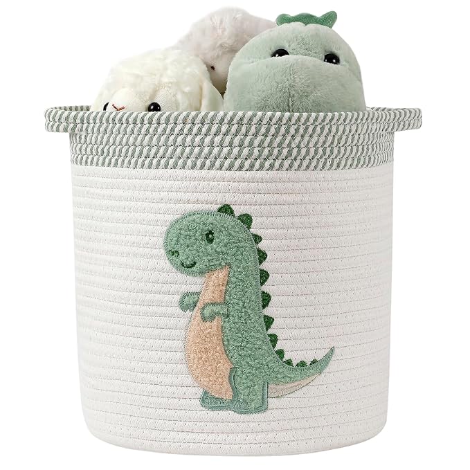 Dinosaur Toy Storage Basket for Toddlers Boys Dinosaur Room Decor, Medium | Cotton Rope Baby Hamper with Dinosaur Embroidery Toys Storage Organizer for Stuffed Animals, Books, Blankets 12" x 12"