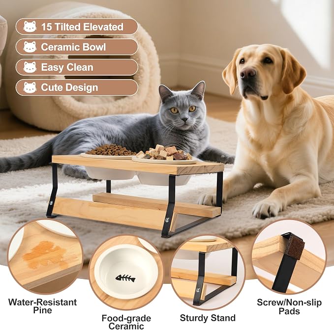 getlstub Elevated Cat Bowls with Wood Stand - Raised Cat Food and Water Bowls for Indoor Cats & Small Dogs, 15°Tilted High Ceramic Anti-Vomit Pet Feeder, Whisker Fatigue Friendly