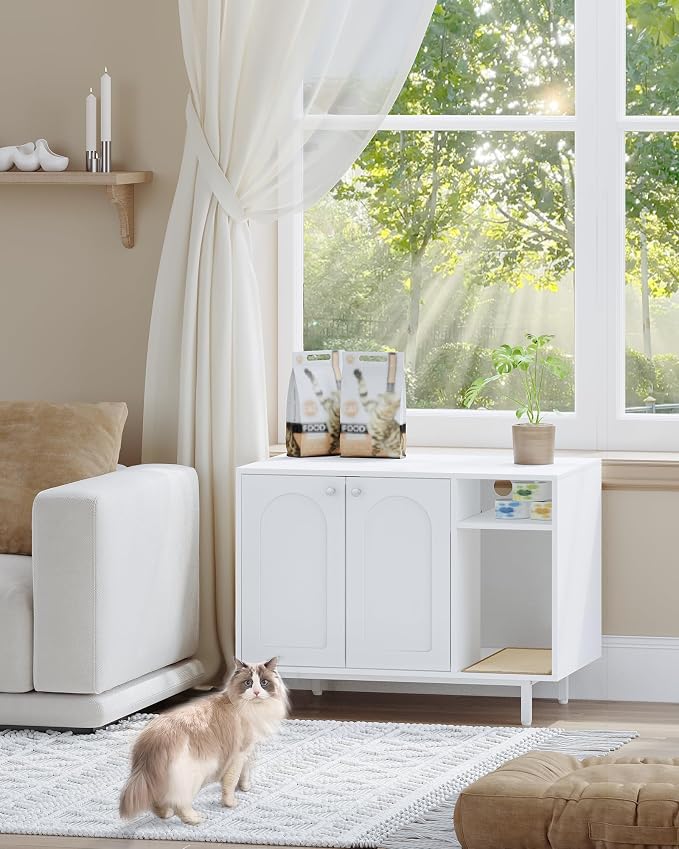Hzuaneri Cat Litter Box Enclosure, Hidden Litter Box Furniture with Storage | Large Wooden Cabinet with Sisal Mat, Modern Cat Washroom for Living Room, Bedroom, Entryway, White CB01513W
