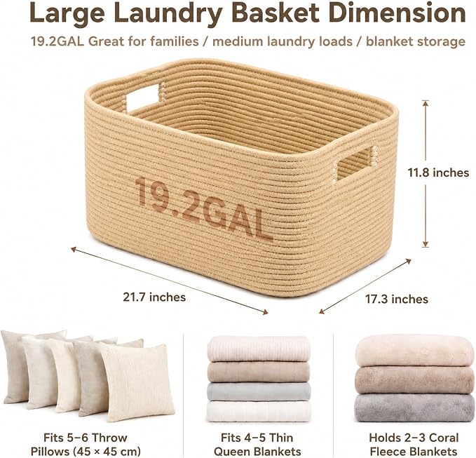 19.2GAL Sturdy Large Laundry Basket with Handles for Bathroom, Dorm Dirty Clothes, Portable Aesthetic Boho Cute Woven Storage Pillow Blanket Baskets for Living Room Decor Girls Boys Pets Toys Oatmeal