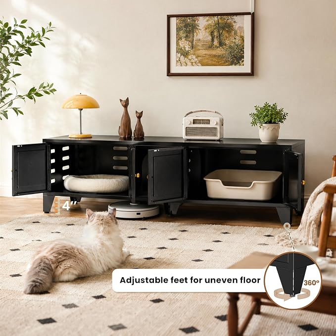 Cat Litter Box Enclosure for 2 Cats, 58" Long Metal Pet House Washroom Dog Proof Furniture, Double Hidden Little Box Cabinet, Living Room TV Stand Table, Indoor Cat House, Assembly Required