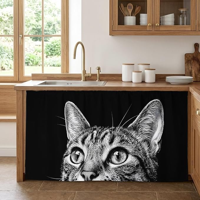 Cute Cat Cabinet Curtain 32"Wx55"L, Dustproof Pantry Door Curtain with Self Adhesive Tape, Vintage Funny Pet Cat Portrait Black Tall Storage Cover Privacy Drape for Bathroom Kitchen Laundry Room