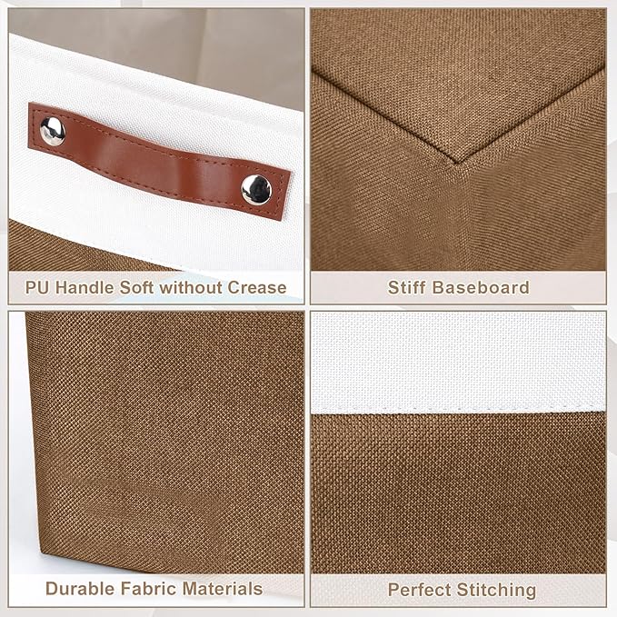 Bagnizer Storage Bins Large Fabric Storage Baskets for Shelves 3 Pack, Decorative Linen Closet Baskets with Handles for Organizing, Shelf, Clothes, Home, Office, 15x11x9.5Inches (Brown&White)