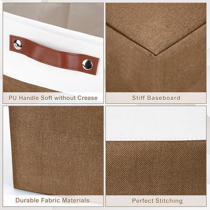 Bagnizer Collapsible Fabric Storage Cubes 11x11 Cube Storage Bins, 4 Pack Closet Baskets Box with Handles for Organizing, Shelf, Toys, Clothes, Home, Office, Nursery (Brown&White)