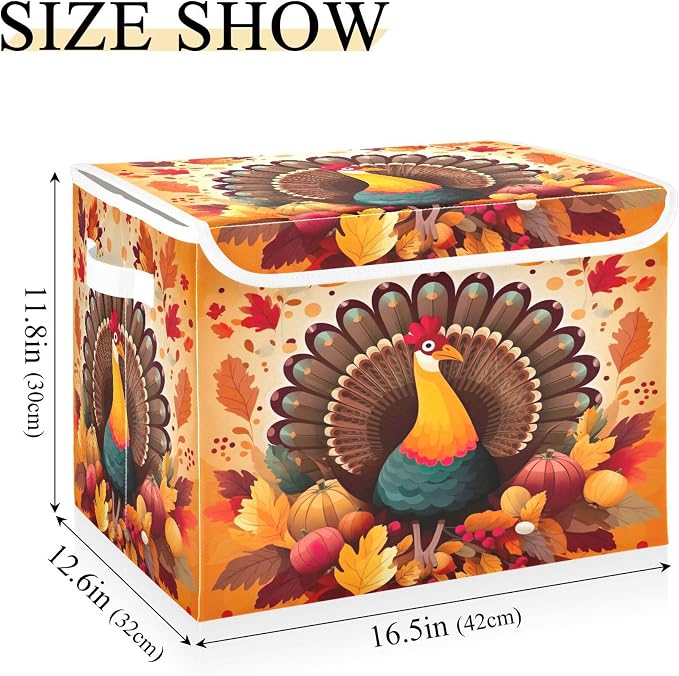 Thanksgiving Turkey Storage Bins with Lids and Carrying Handle,Foldable Storage Boxes Organizer Containers Baskets Cube with Cover for Home Bedroom Closet Office
