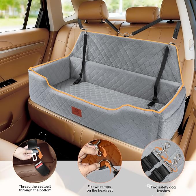 XIEEAOZEE Large Dog Car Seat for Pets Under 100 lbs, Backseat Dog Car Bed | Washable Pet Booster Seat for 2 Medium Dogs, Pet Travel Seat with Storage Pockets, Safety Belts