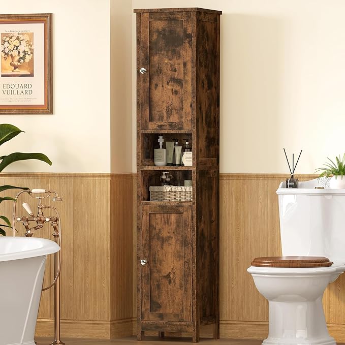 TEENFON 67" Tall Bathroom Cabinet with 2 Adjustable Shelves and 2 Doors, Narrow Bathroom Storage Cabinet for Small Space, Living Room, Entryway, Kitchen, Rustic Brown