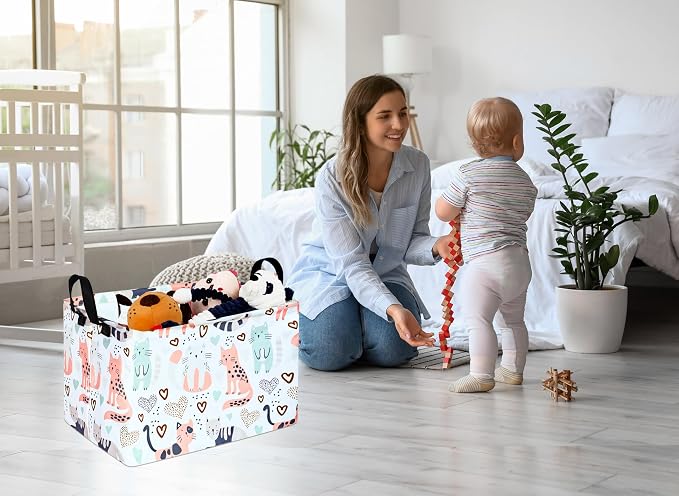 Kid Clothes Storage Basket Gift Shelf Basket Toy Storage Bin, Nursery Basket Organizer Box for With Handles for Room Deco Cat Pattern