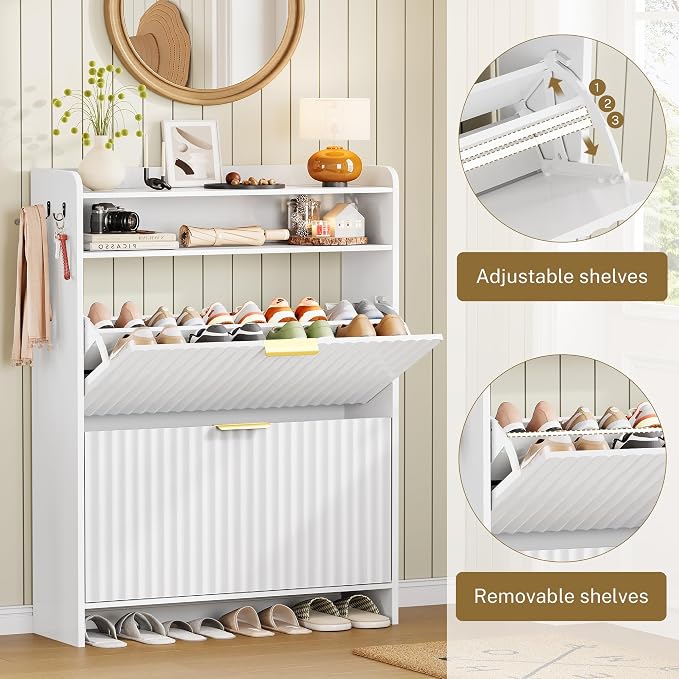 Fluted Shoe Storage Cabinet for Entryway with Adjustable Shelves | 9.45"Deep,Freestanding Shoes organizer,Adjustable & Removable Shelves,2 Hooks,Anti-tip Device,White