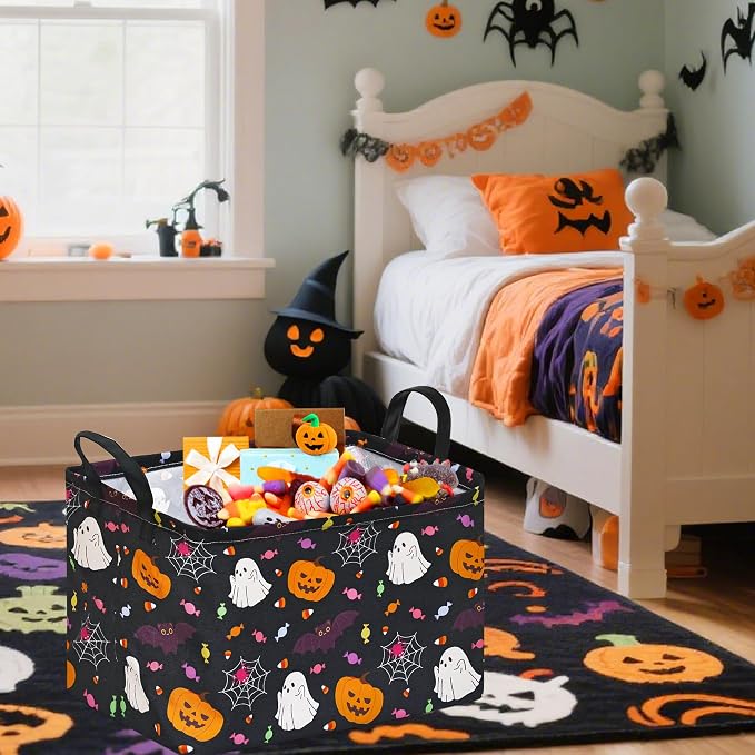 Kids Storage Basket with Halloween Print, 14.5" x 10.2" x 9.4", Waterproof | Foldable Organizer with Leather Handles;Ideal for Halloween Treats,Kids' Gifts,Laundry & Toy Storage;Spooky Holiday Decor