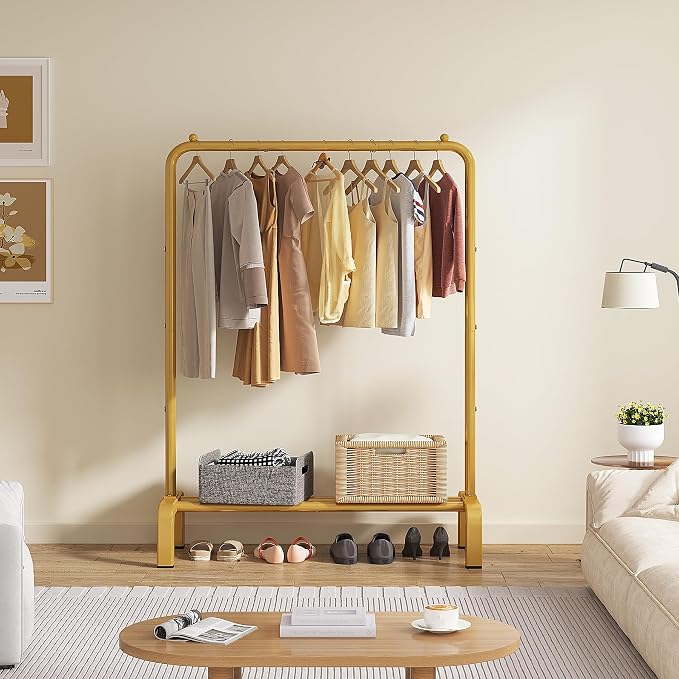 Garment Rack Clothing Clothes Rack for Clothes Organizing Gold | Standard Metal 34 Inches Garment Rack with Bottom Shelf for Hanging Clothes Coats Jackets Shirts Sweaters Jeans Gold