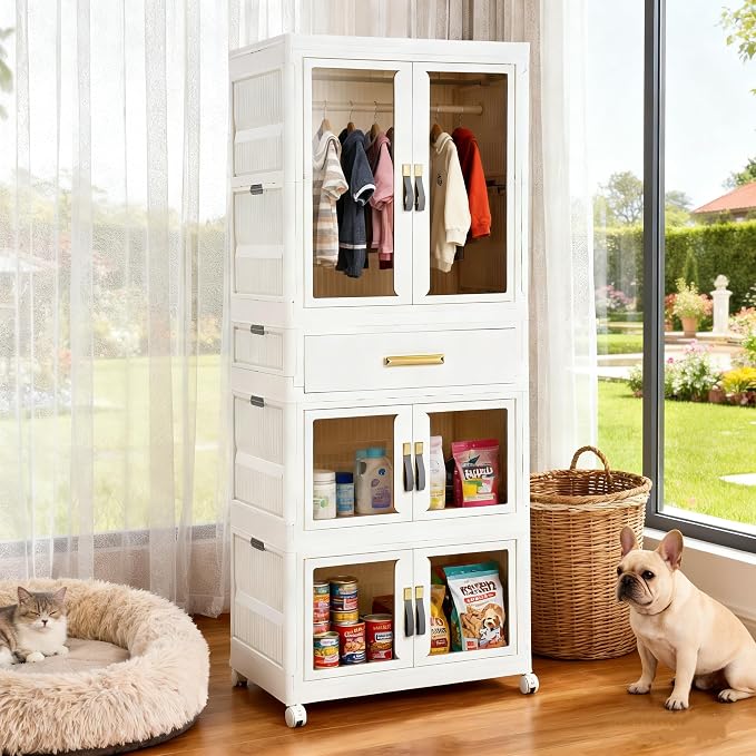 Portable Storage Closet Cabinet, Easy Assembly Wardrobe Organizer with Visualization Doors, Drawers, Hanging Rods, Rolling Wheels for Pet Dog Clothes, Toys