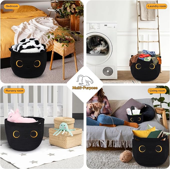Cute Black Cat Round Basket - Cotton Rope Baskets Large Baby Laundry | Blasket for Nursery, Woven Blanket Basket Hamper With Handle Toy Storage Basket for Gifts, Baby Shower 14 ×12 inchs 30.5L