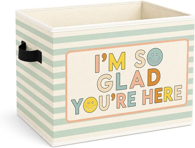 Welcome Storage Bin, Foldable Fabric Basket for Kids Room Classroom | Foldable fabric storage bin with welcome quote design for toys, books, clothes, nursery, classroom, and playroom use.