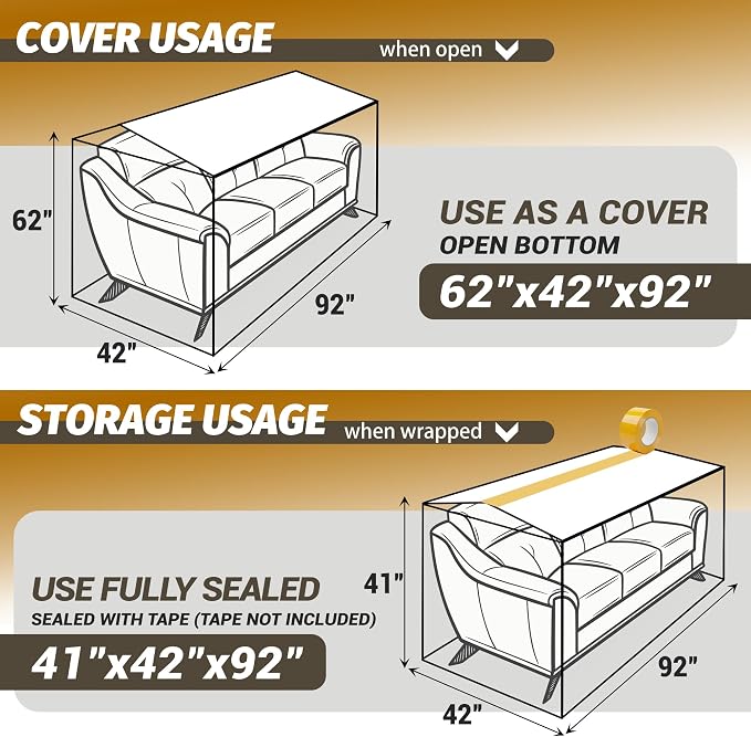 2 Pack Clear Plastic Moving Sofa couch Furniture Storage Covers | Extra Large 92x 62 x 42 Inch Moving Bags, With Label, Waterproof, Dust Proof