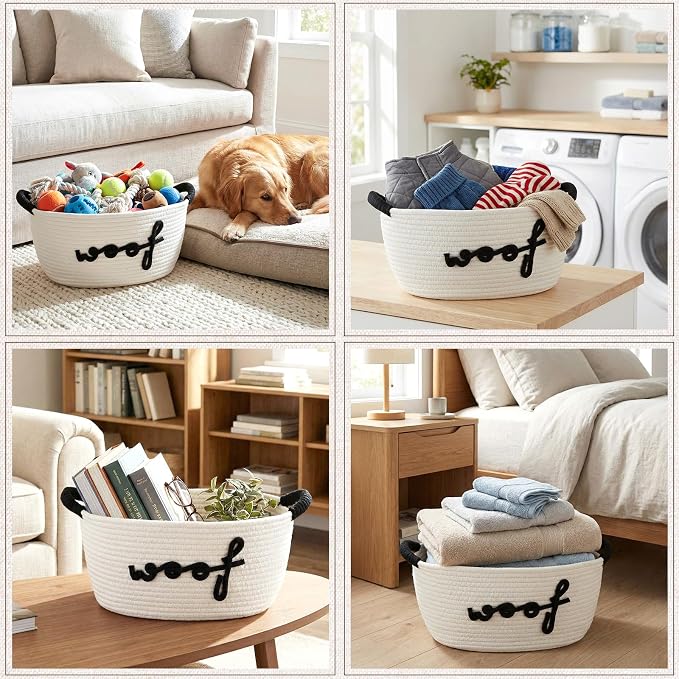 Dog Toy Storage Basket with Handles, 11.8 x 7.5 x 6.7 Inch Cotton Rope Dog Toy Storage Bin Woven Pet Organizer Shelf Basket for Pet Chew Toys, Foods