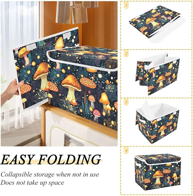 Mushrooms Storage Bins with Lids and Carrying Handle,Foldable Storage Boxes Organizer Containers Baskets Cube with Cover for Home Bedroom Closet Office