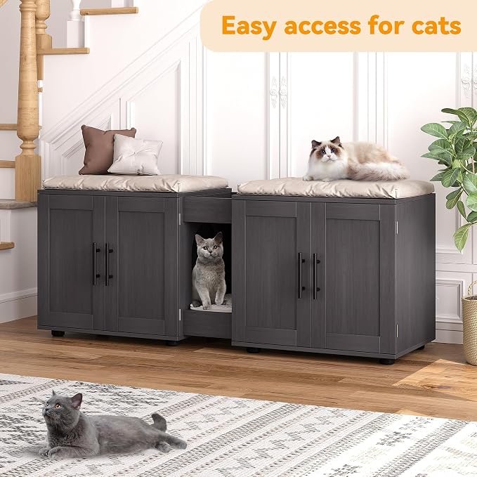 55" Cat Litter Box Enclosure Furniture, Wooden Hidden Litter Box Cabinet with Barn Door & Double Rooms, 3 in 1 Large Cat Litter Cabinet Pet Furniture for Living Room & Bedroom