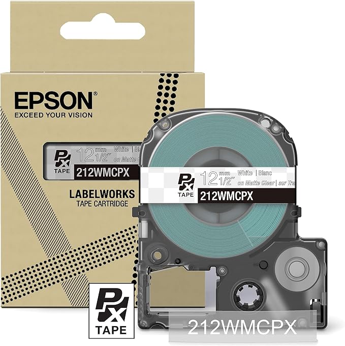 Epson LABELWORKS 212WMCPX Label Tape - White on Matte Clear - 1/2" (12mm) | Genuine Epson designer craft PET tape for LW-C410PX & C610PX, decorative finish for crafts & decor