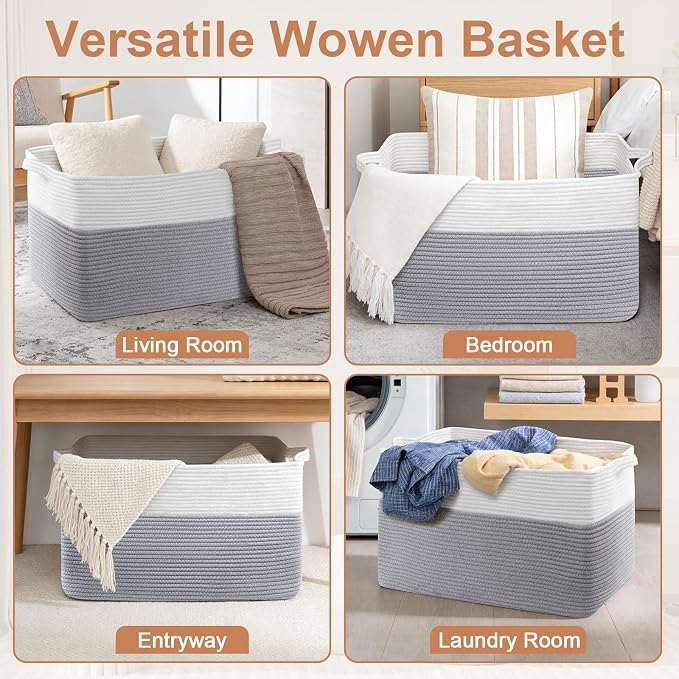 75L Large Blanket Storage Basket with Handles - White & Gray | Extra-large blanket baskets. Soft cotton, foldable, washable.Holds blankets, pillows for living room, bedroom, dorm.