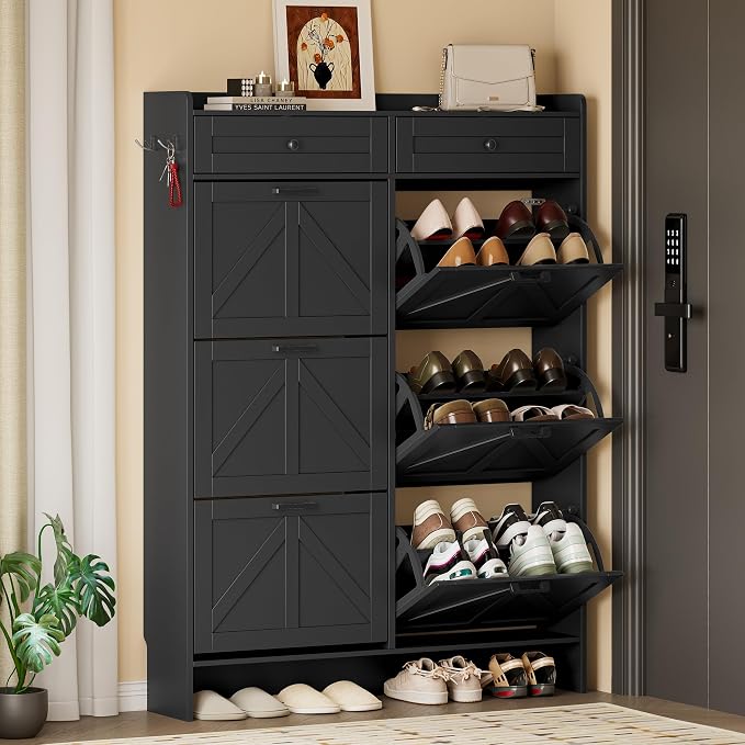 BORNOON Shoe Cabinet for Entryway, Farmhouse Shoe Storage Cabinet with 6 Flip Drawers and 2 Top Drawers, Tall Narrow Shoe Organizer Cabinet with Adjustable Shelves, Side Hooks and Anti-Tip Kit