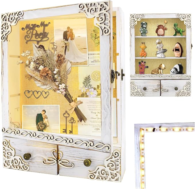 11x16 Wedding Shadow Box Frame with Shelves, White