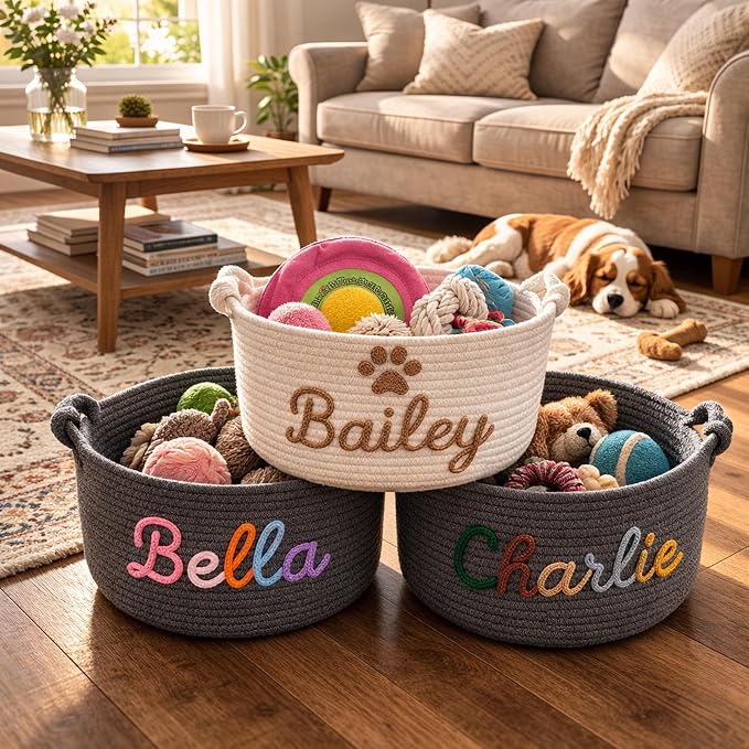 MBBEST Personalized Dog Toy Basket with Name, Cute Custom Dog Toy Storage Bin for Dogs & Cats, Handmade Cotton Rope Dog Toy Box Organizer for Toys, Treats & Blankets, Unique Gift for Pet Lovers