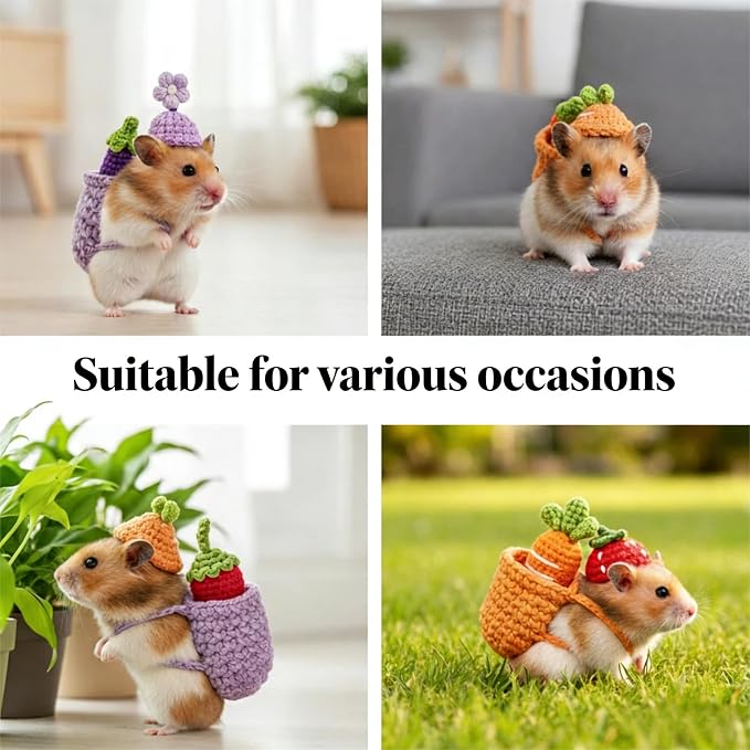 10 Pcs Hamster Costume Set - 3 Mini Party Hats, 4 Backpacks & 3 Vegetable Props | Cute Hand Knitted Pet Clothes Holiday Party Costume Accessories for Small Animals (Hamster, Guinea Pig, Bunny)