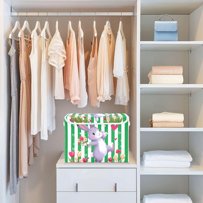 Spring Garden Fabric Storage Bins with Lid Closet Storage Basket 40L | Decorative Storage Boxes, 300D Oxford Cloth, Hollow Board Frame, Flip Top Velcro Lid, 16.5x12.6x11.8 inch, Collapsible Design