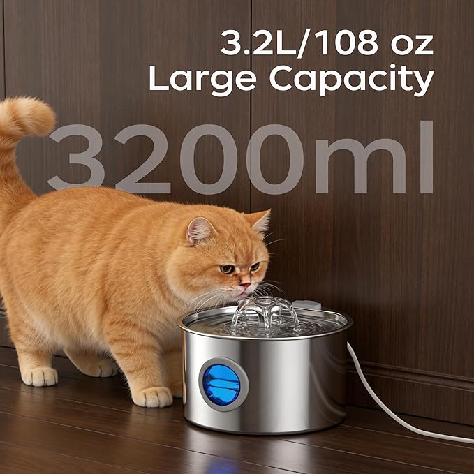 3.2L/108oz Cat Water Fountain, 304 Stainless Steel Top, Detachable Tank Makes Cleaning a Breeze, Ultra-Quiet Pump for Light Sleepers, for Multiple Cats, No More Dirty Plastic