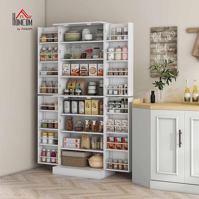 HOMCOM 65" Kitchen Pantry Storage Cabinet 16 Door Shelves White | Freestanding Kitchen Cabinet, 4 Doors, 8-Tier Shelving, Adjustable Shelves